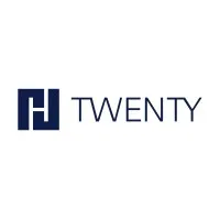 Minimalist logo on a white background featuring a dark navy square monogram with a stylized white "H" and the word "TWENTY" in thin uppercase lettering.